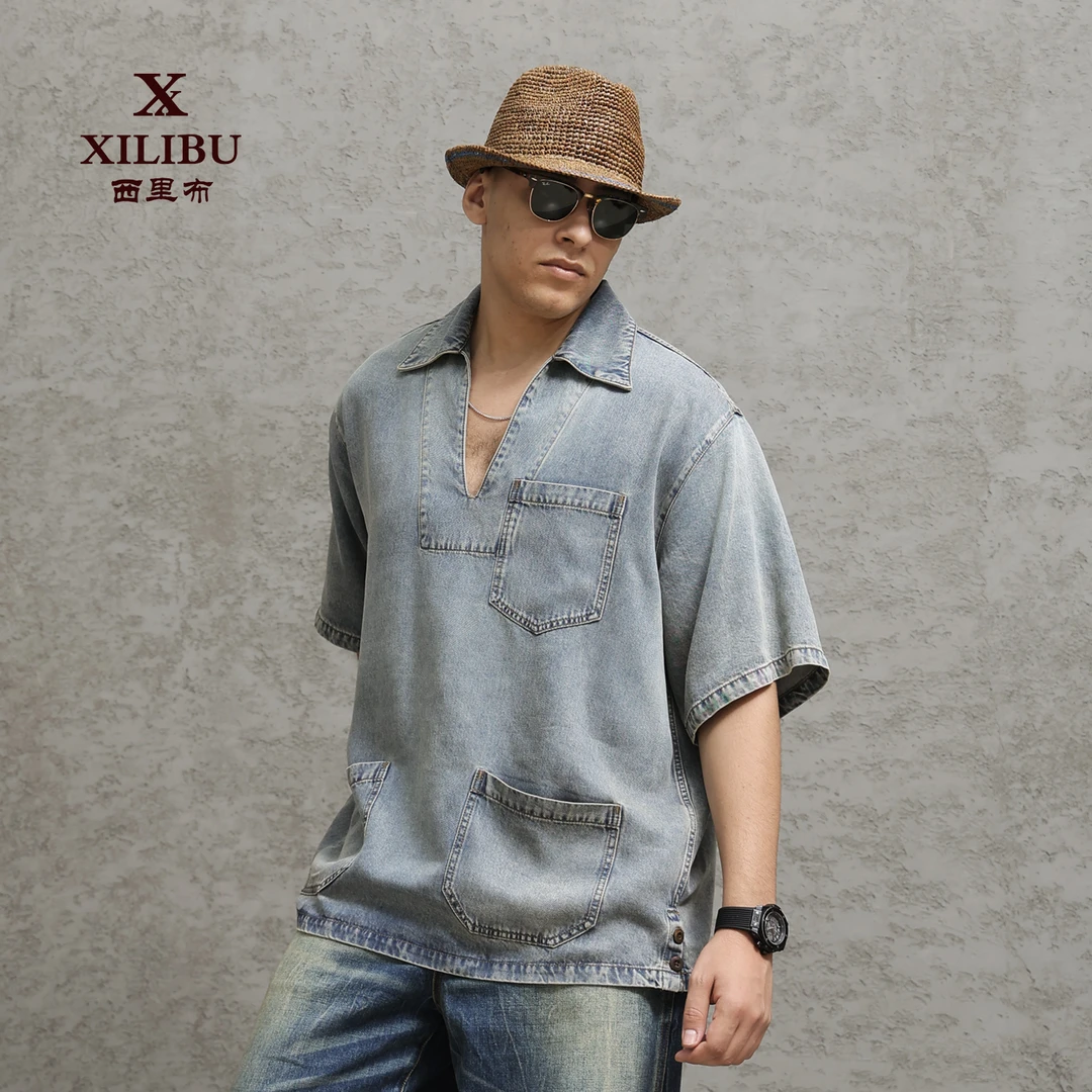 西里布S130半开襟宽松牛仔短袖衬衫男美式复古小V领天丝套头衬衣