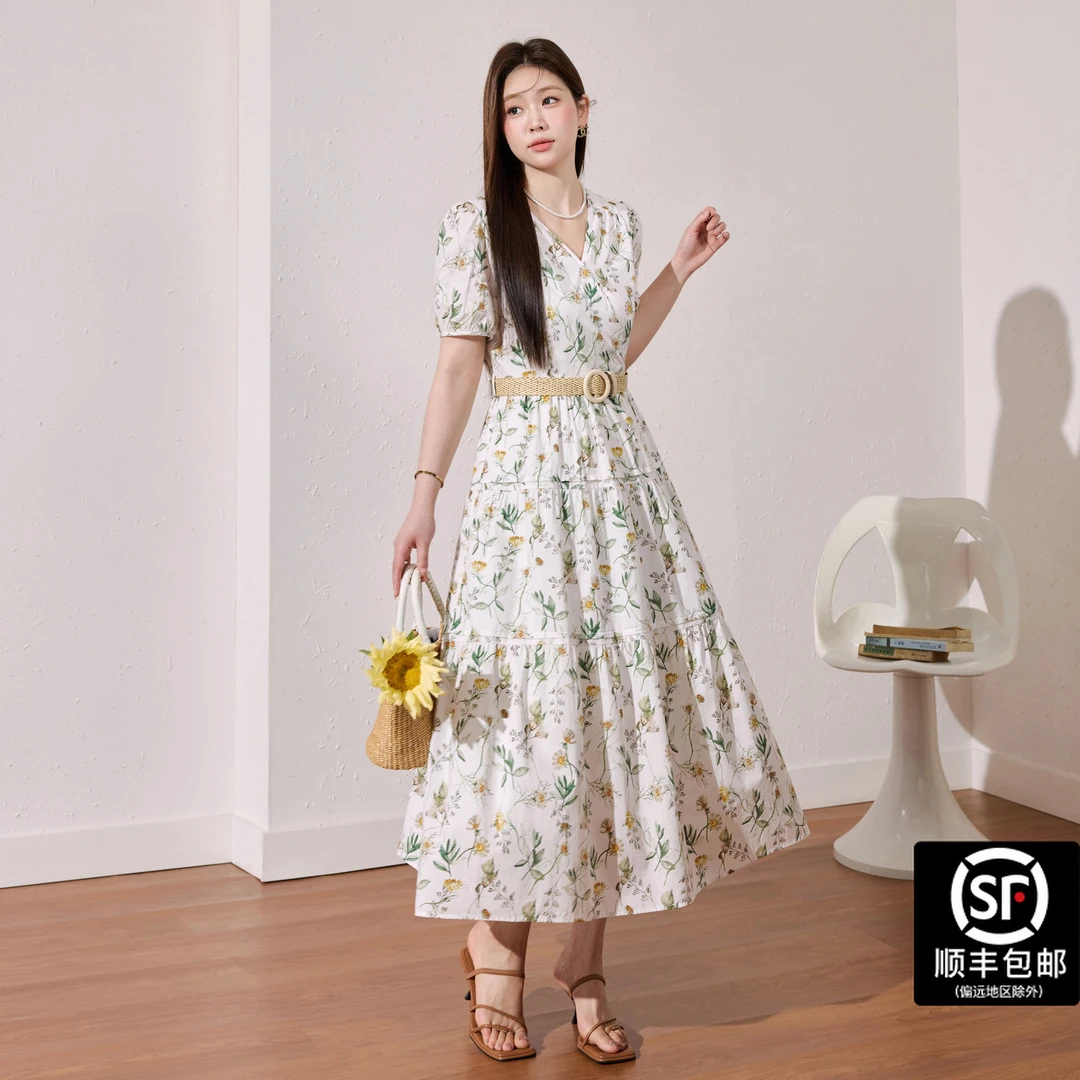蓝语大码女装纯棉透气亲肤连衣裙法式复古收腰显瘦夏碎花裙12440