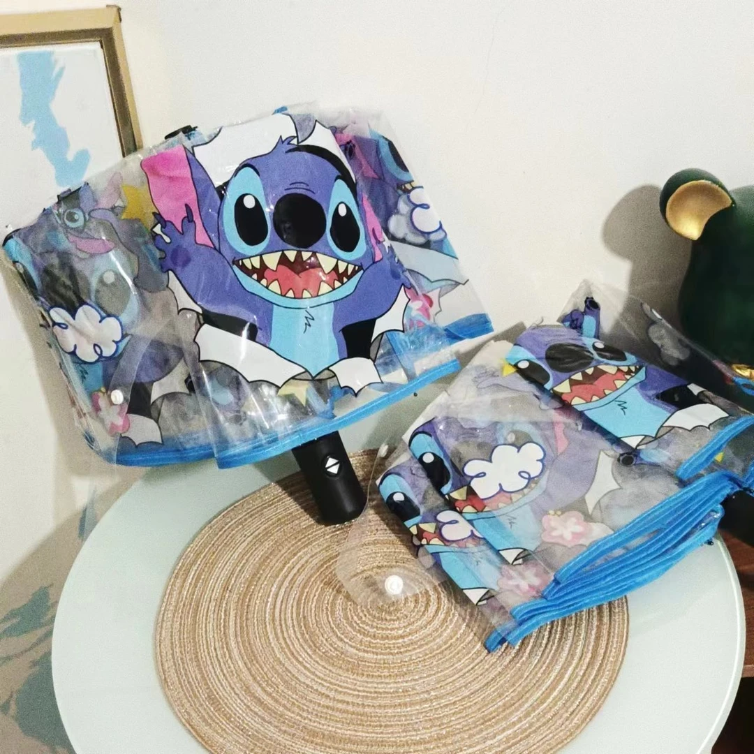 卡通史迪仔全自动透明手动雨伞女网红折叠可爱高颜值儿童女学生