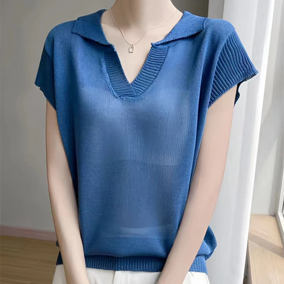 酷飒新款针织短袖春夏韩版时尚简约T恤气质百搭Polo领纯色上衣