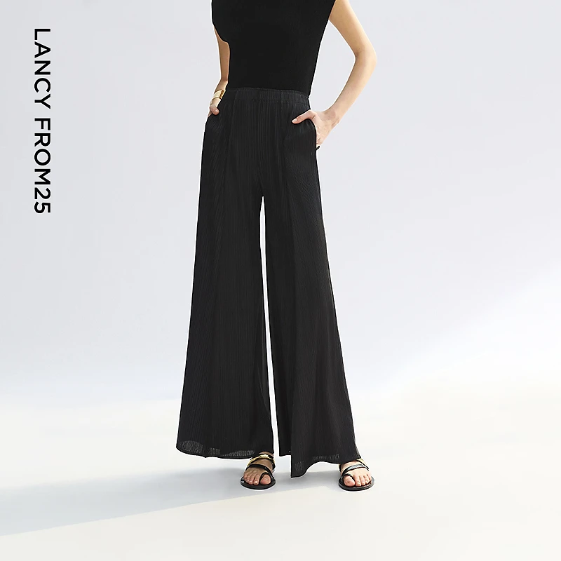 朗姿休闲设计感黑色压褶宽松阔腿高腰垂坠百搭西裤2025年夏季