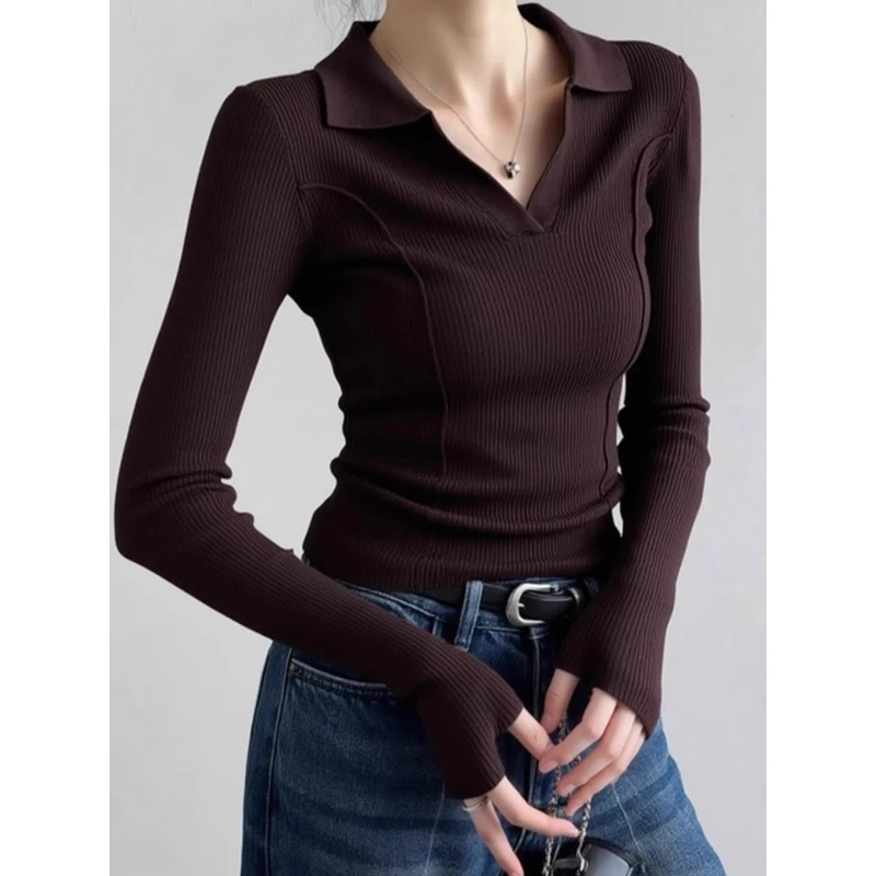 咖色POLO领长袖针织衫女款秋冬爆款修身美拉德毛衣内搭打底衫上衣