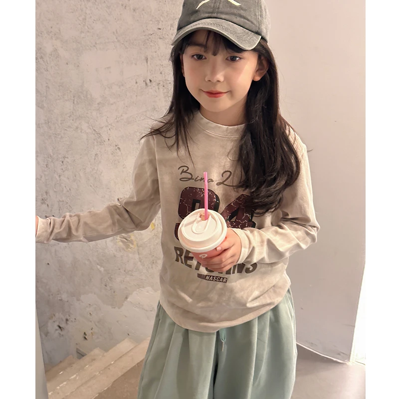 DTA2410女大童韩版时髦字母印花长袖T恤春装新款儿童休闲上衣潮