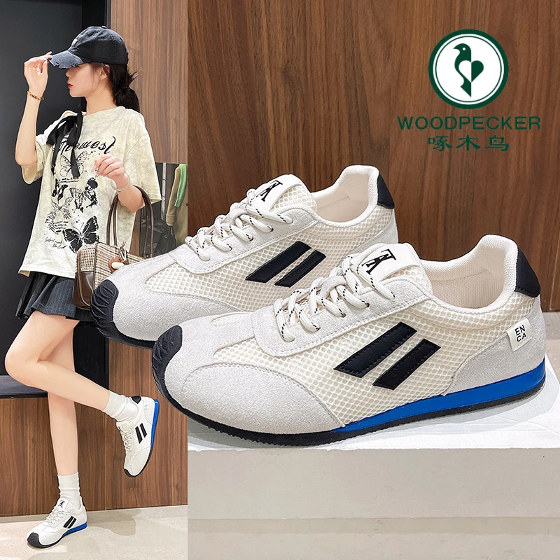 啄木鸟厚底平底鞋时尚休闲鞋女2025夏透气德训鞋运动鞋网面小白鞋