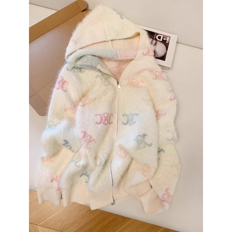 2025慵懒风显瘦百搭小香风印花连帽针织外套女气质时尚开衫毛衣女