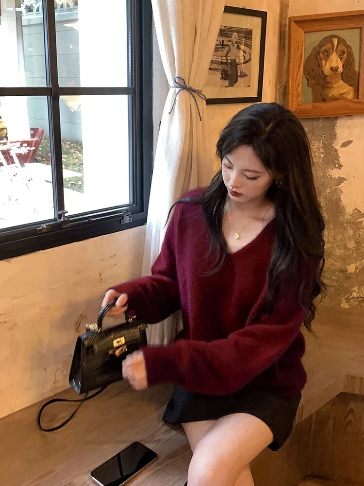 v领宽松针织衫女秋季法式打底衣套头毛衣秋冬温柔慵懒上衣