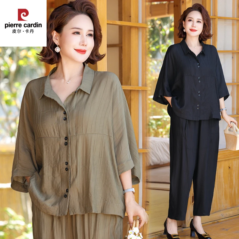 皮尔卡丹妈妈夏装短袖吸汗套装女夏季新款洋派减龄大尺码女装宽松