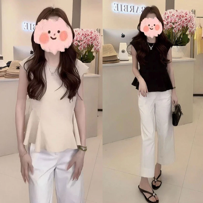 2025夏季简约小众荷叶边无袖上衣显瘦百搭休闲九分裤气质套装女