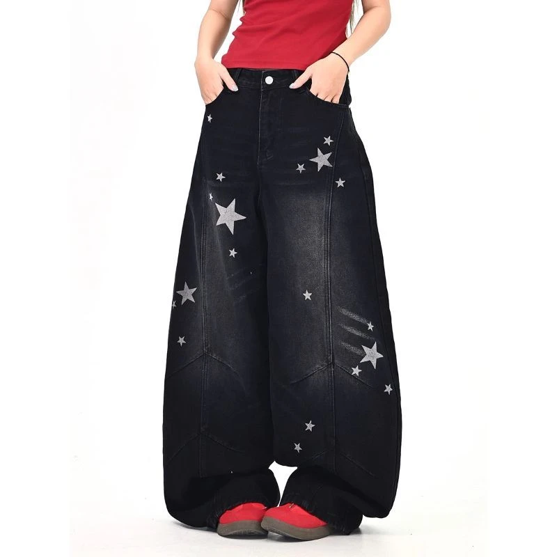 星星印花解构个性牛仔裤男女秋季新款宽松bf美式潮牌显瘦阔腿裤潮