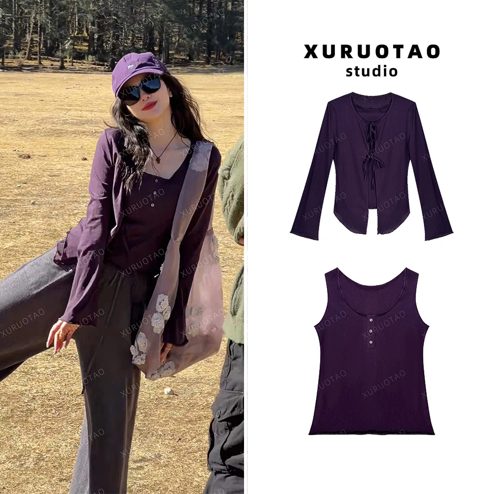 XURUOTAO 【一帘幽梦】春季新款百搭显瘦紫色开衫吊带套装  T5006