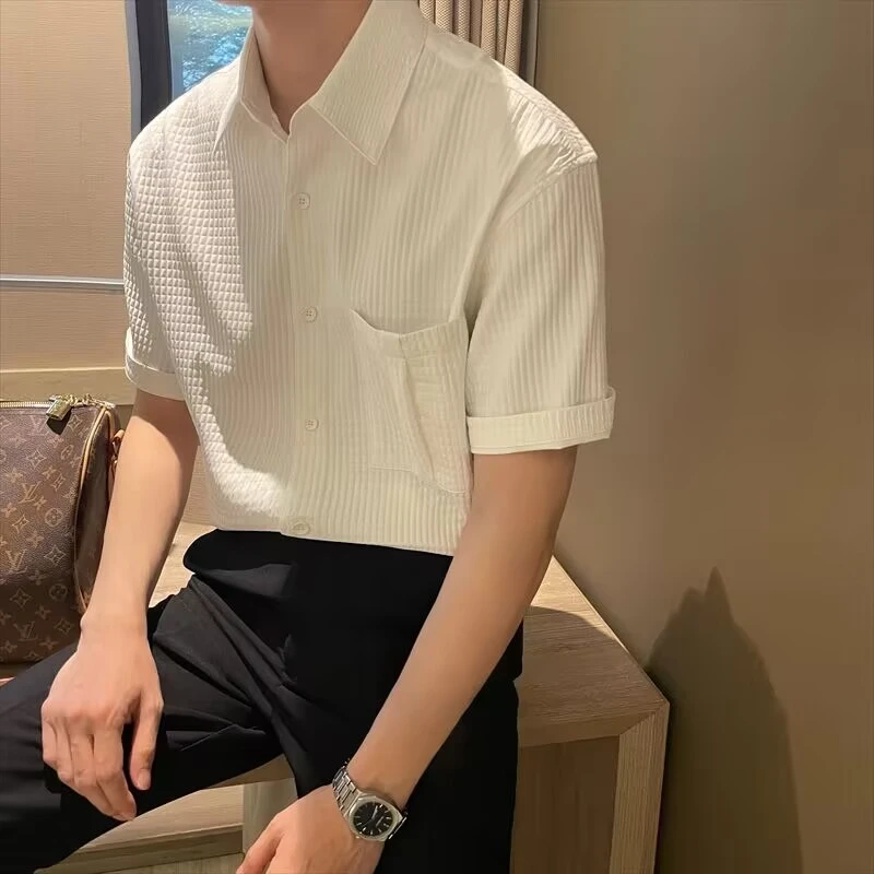 夏季轻奢高级感宽松短袖男衬衫青年上衣潮流泡泡格子纯色半袖衬衣