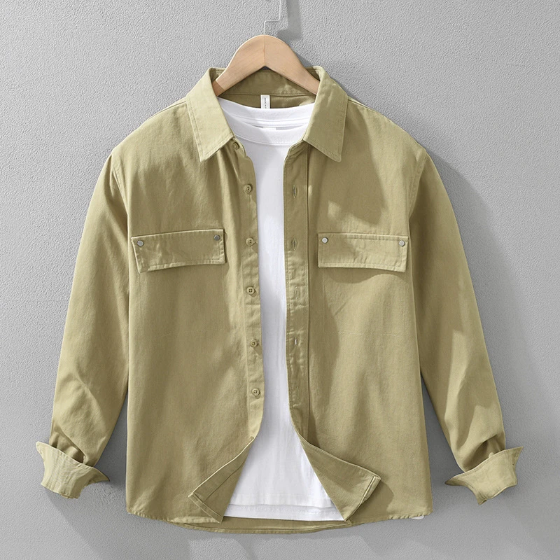 日系复古高级感工装长袖衬衫男士宽松休闲百搭纯棉衬衣外套卡其色