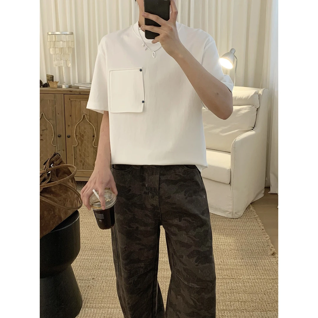 阿茶与阿古白色贴布口袋短袖t恤男夏季褶皱设计宽松上衣A2504609