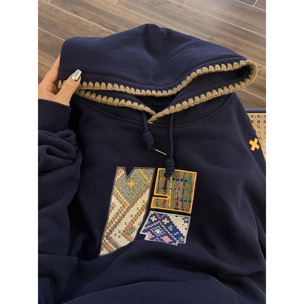 爆款刺绣连帽卫衣2025春秋季藏青色高级潮牌情侣外套美式百搭短袖