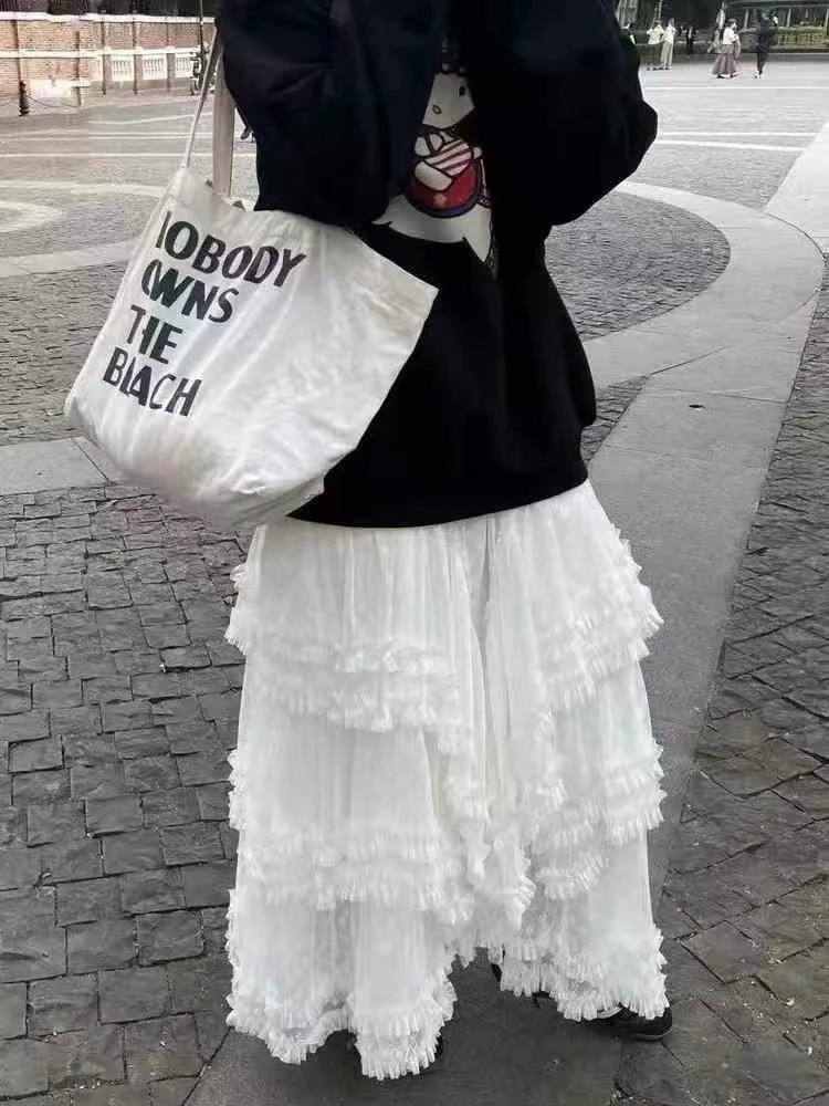 韩系高腰蕾丝拼接蛋糕半身裙秋冬新款显瘦长裙