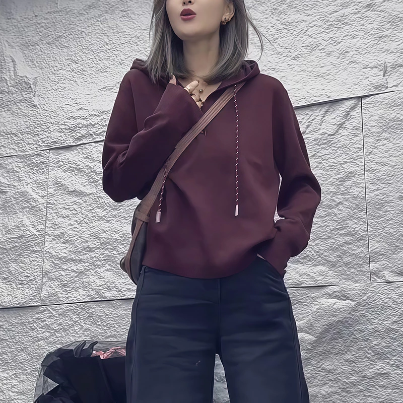 时尚减龄通勤连帽抽绳设计卫衣女2025秋季新款宽松百搭外套上衣潮