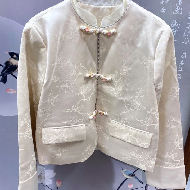 立领水晶盘扣装饰提花长袖短外套-果梓8718