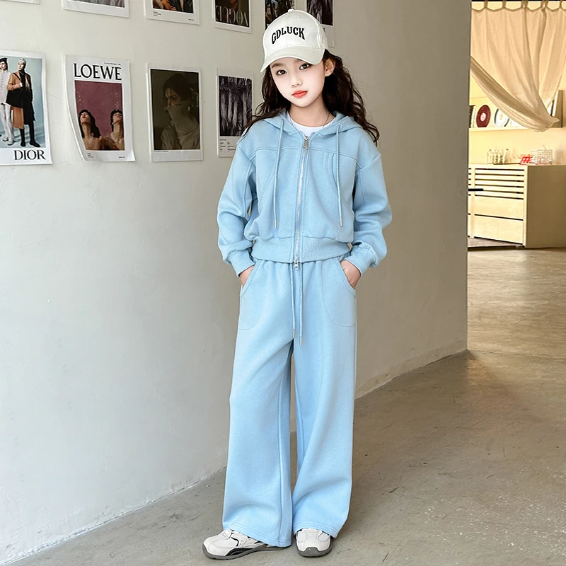 女童春款休闲套装2025春秋女大儿童连帽开衫卫衣运动阔腿裤两件套