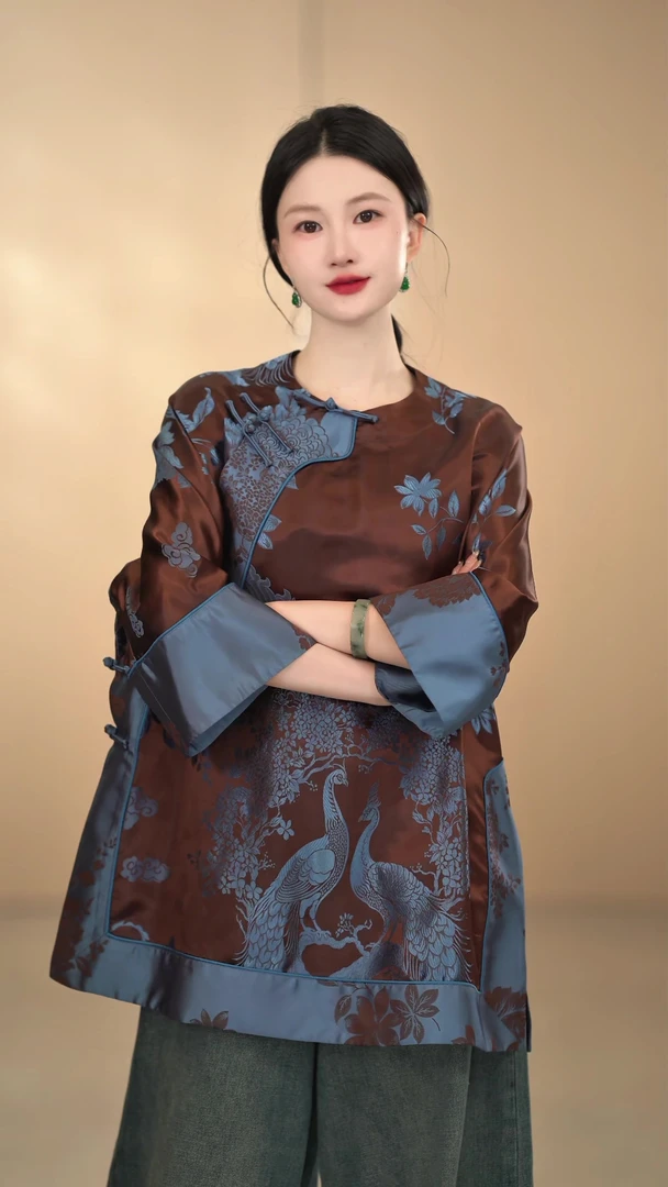 「姑苏城外」桑蚕丝新中式国风长袖复古圆领老料提花斜襟宽松汉服