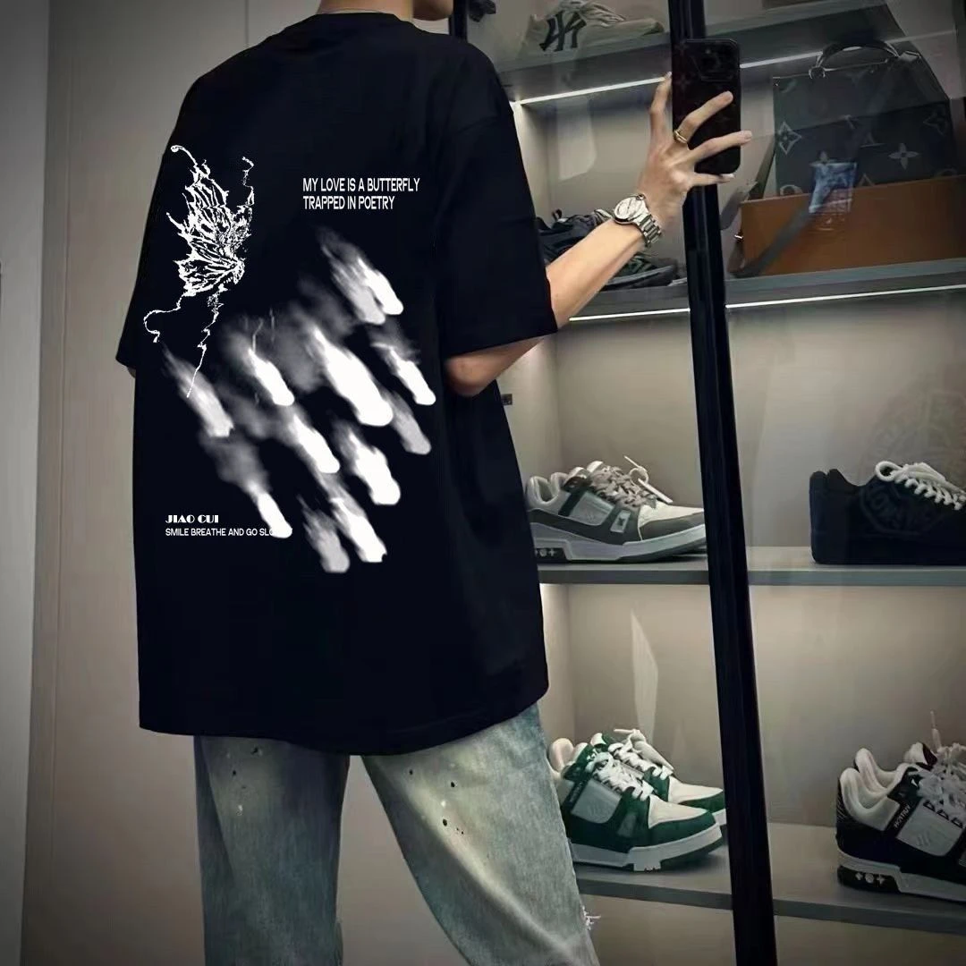 100%纯棉300克重磅潮牌短袖男夏2025新款爆款百搭印花ins圆领衣服