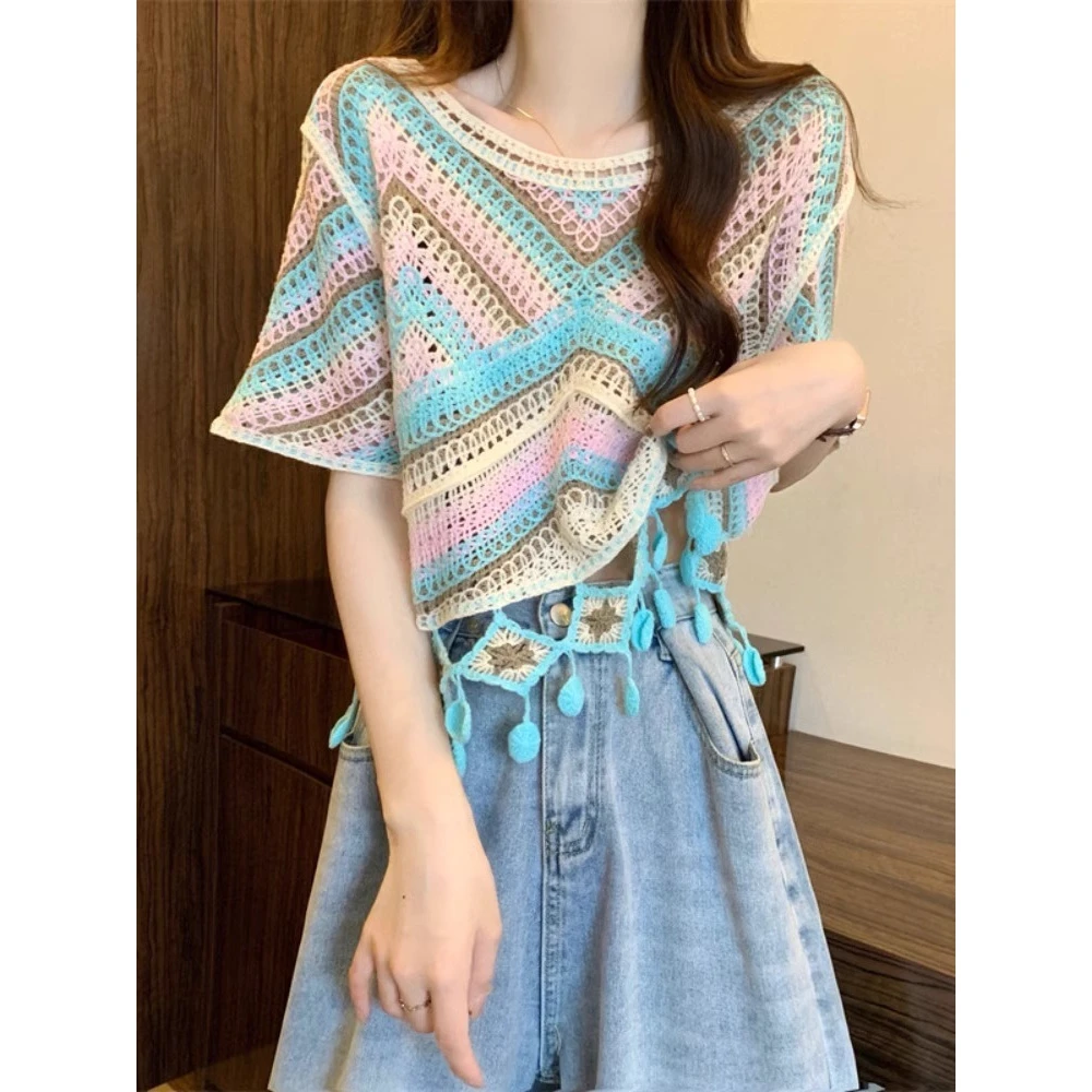 多巴胺彩色条纹冰丝短袖T恤女夏新款韩版民族风流苏镂空短款上衣