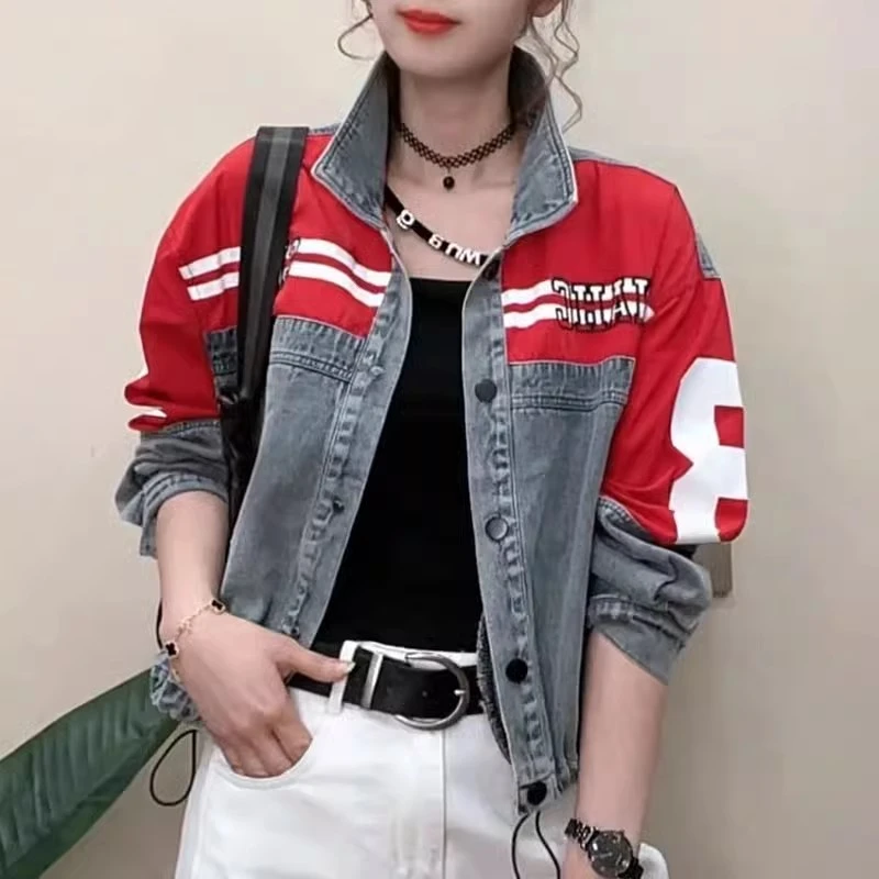 翻领牛仔外套女2025春季新款欧货小众织带拼接宽松百搭夹克上衣潮