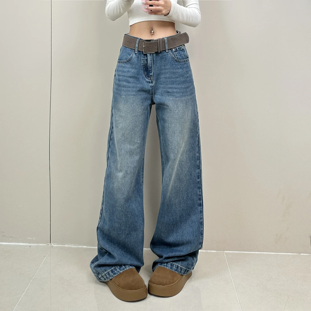 2025春款设计感新款直筒牛仔裤女中腰显瘦垂感拖地阔腿裤Y5012