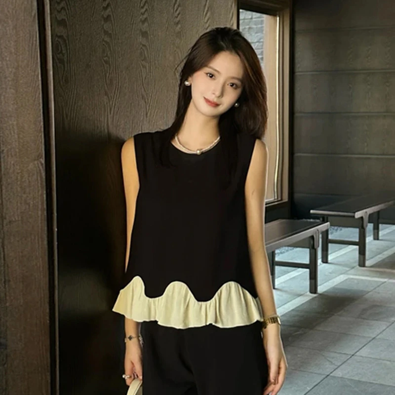 法式小香风拼接黑色花边衬衫女夏季2025新款轻奢高级感无袖衬衣潮