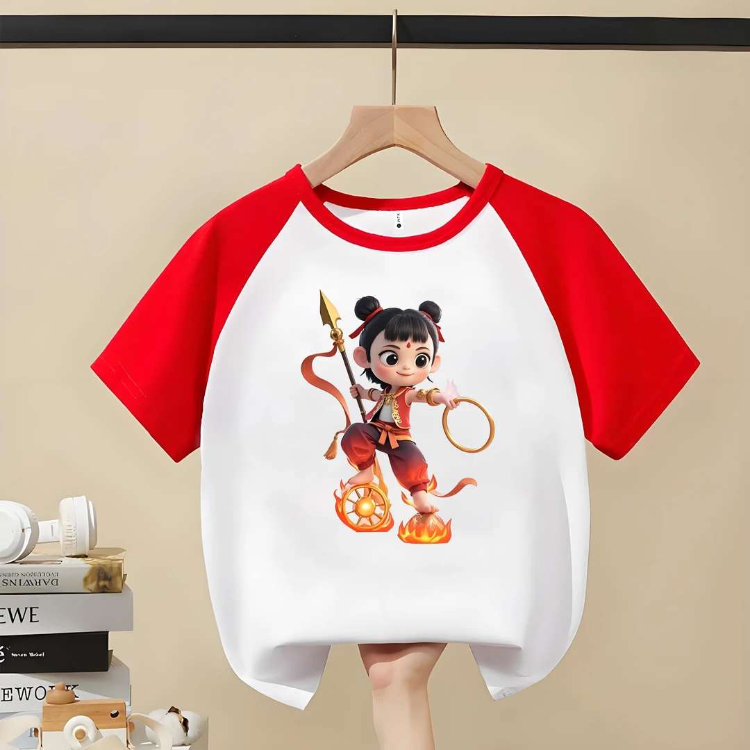 环焰哪吒  趣味文字t恤   喜居麦圆领纯棉短袖儿童出游夏