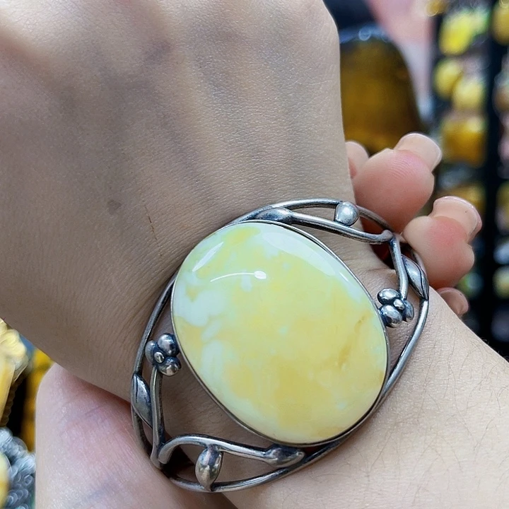 蜜蜡银S925镶嵌裸石手镯