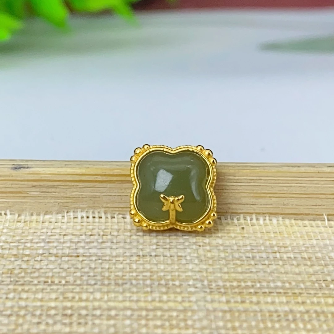 【萌宝饰品】B29 和田玉湖水四叶草蛋面蝴蝶通孔款10mm配件古法DIY