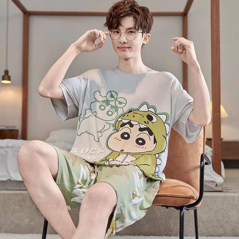 男士夏季莫代尔睡衣新款短袖薄款冰丝夏冬季粉色豹纹女士睡衣