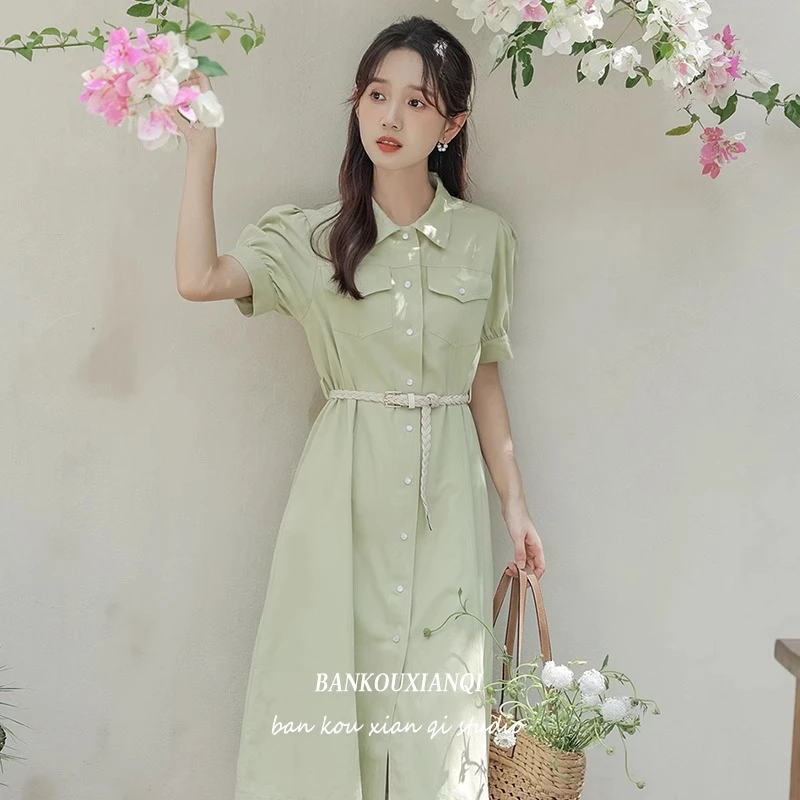 半口仙气夏季新款学院风绿色短袖连衣裙教资面试穿搭收腰衬衫裙女