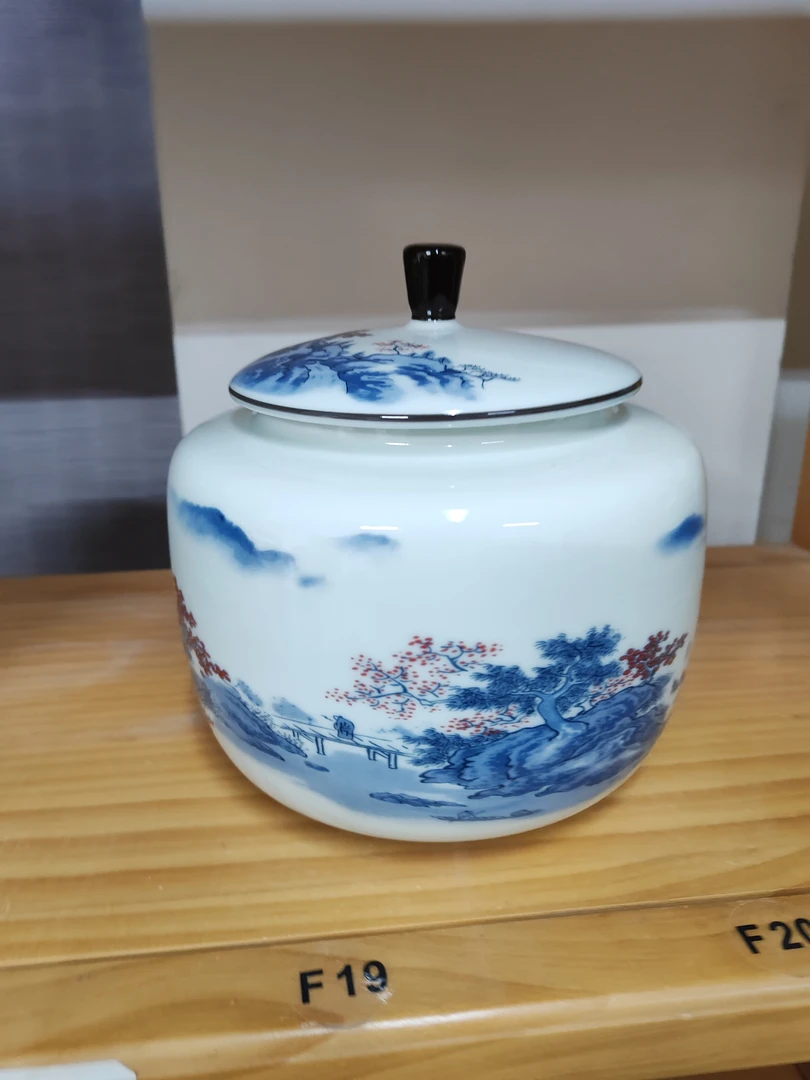 青花山水三斤装大号茶叶罐密封罐釉中彩高端大气