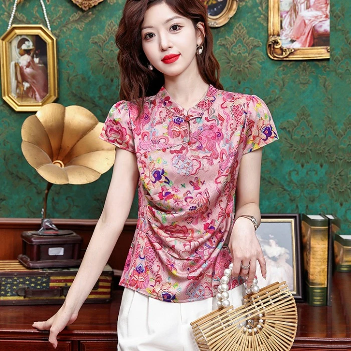新中式碎花旗袍衬衫立领盘扣优雅显贵显瘦上衣女夏季新款国风小衫