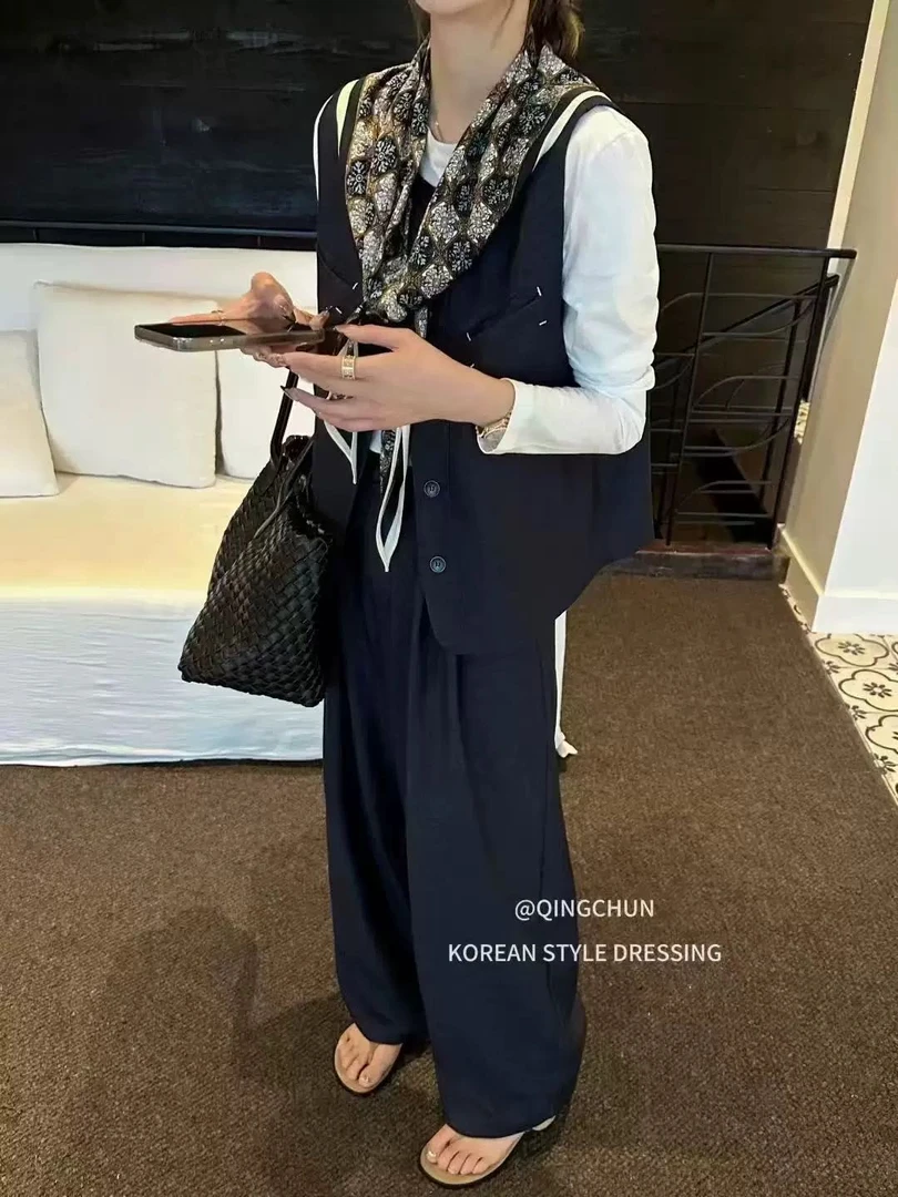 【苏苏精选】5316时尚西装马甲内搭t恤高腰显瘦阔腿裤三件套配丝巾