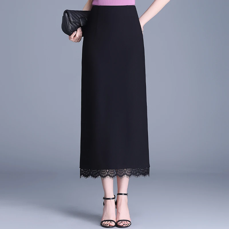 蕾丝边直筒包臀裙女2025春夏新款高腰显瘦中长裙西装半身裙一步裙