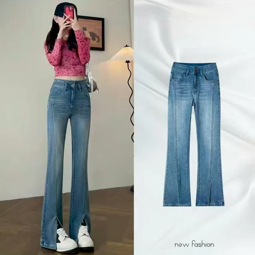 7766【裤长100】牛仔裤女2025春秋款高腰开叉显瘦垂顺修身直筒裤