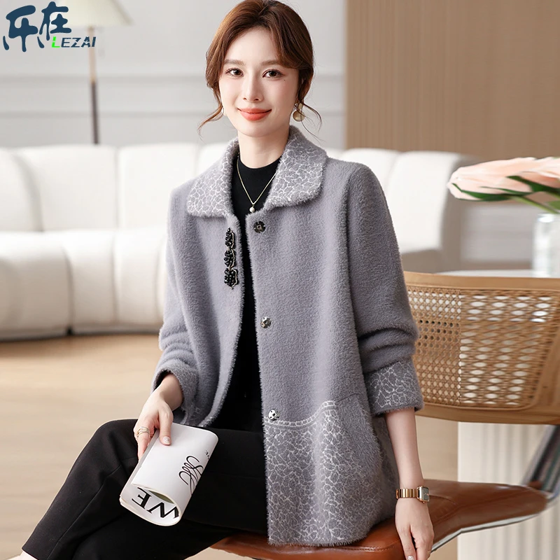 妈妈春装洋气高贵外套新款中老年时尚加厚女装秋冬季毛呢开衫上衣