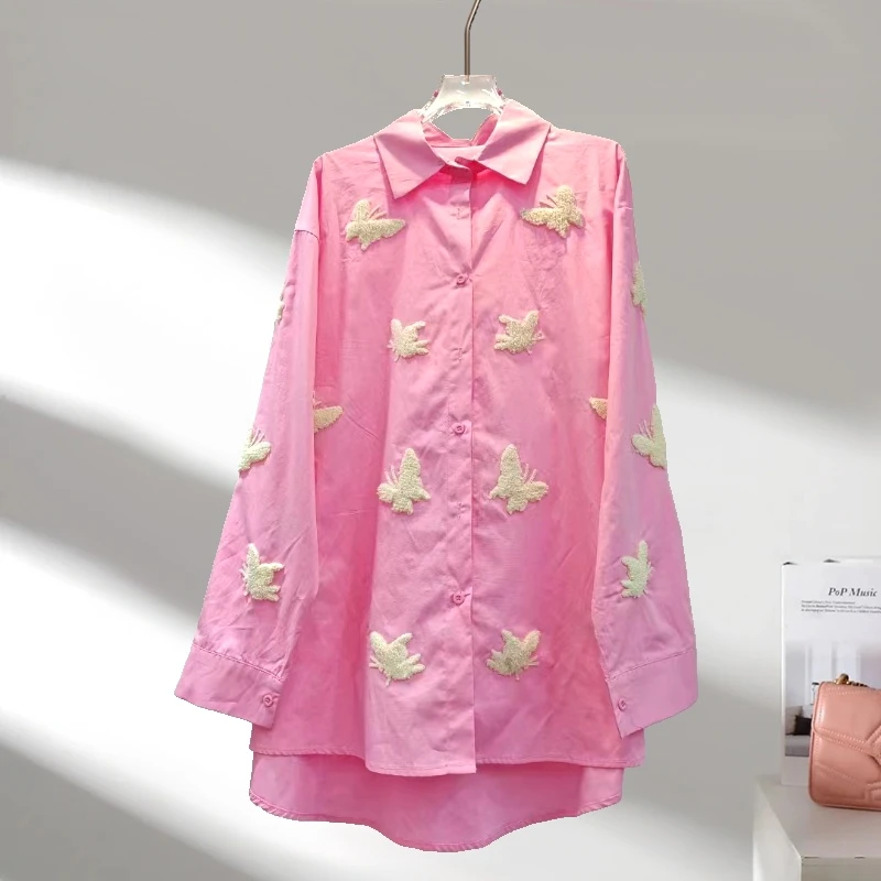 法式洋气春季新款立体蝴蝶结图案木耳花边单排扣宽松衬衫衬衣