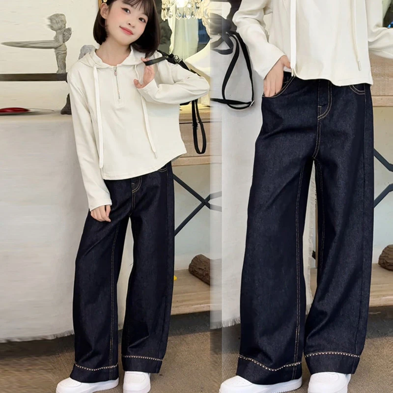 女童直筒牛仔裤2025秋冬连帽卫衣套装洋气丹宁阔腿裤中大童两件套