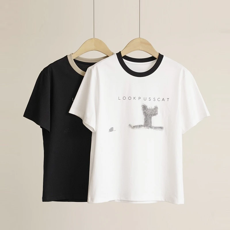 外贸品牌喵星人印花减龄新疆棉圆领简约撞色T恤女士短袖（250785）
