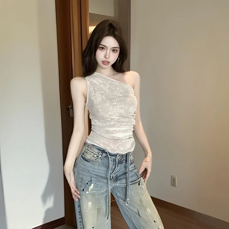 网红时尚炸街新款女装纯欲辣妹风蕾丝拼接单肩带修身型外搭小背心