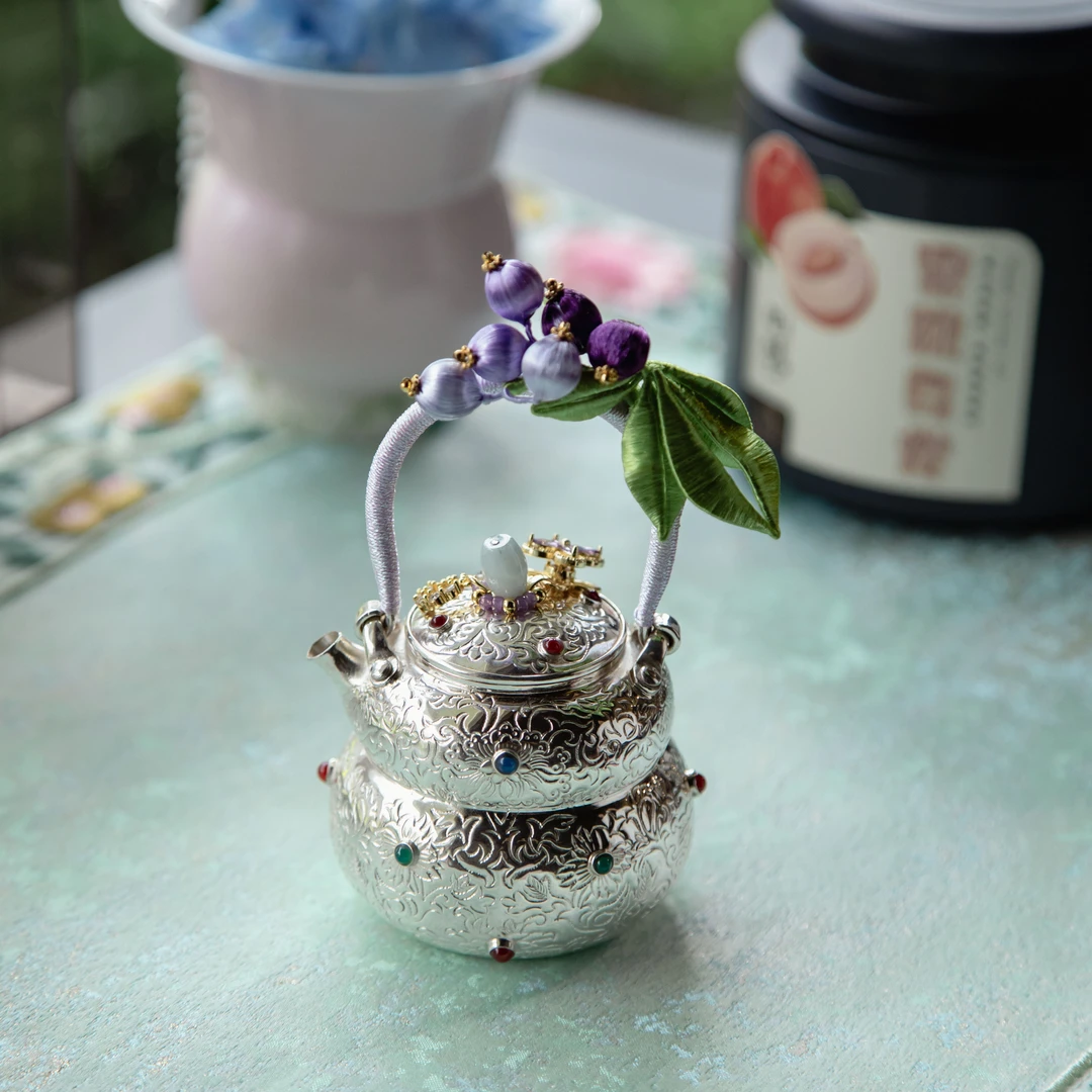 SJYQ0004 缠枝花纹镶嵌玉石葫芦银提梁壶（编织款）