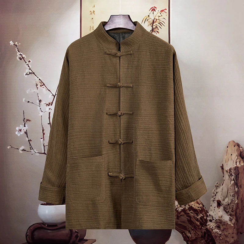 由天丨复古风男装棉麻长袖外套中国风唐装中老年改良汉服中山装