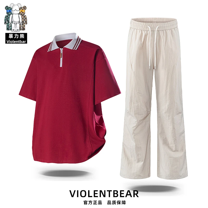 【暴力熊品牌现货】青少年肌理感短袖POLO衫套装男夏季英伦风休闲服