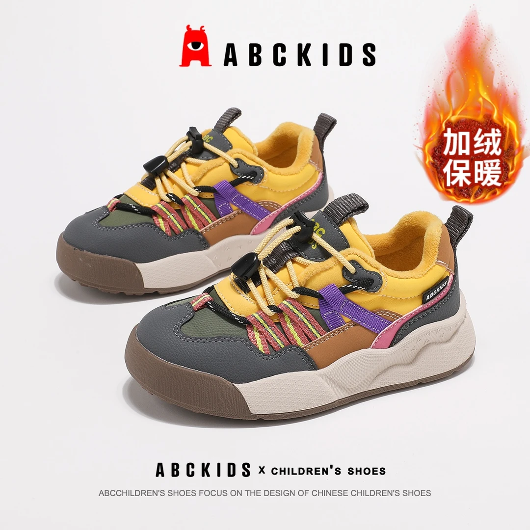 Abckids儿童棉鞋男童防寒跑步鞋冬季新款女童加绒保暖软底运动鞋
