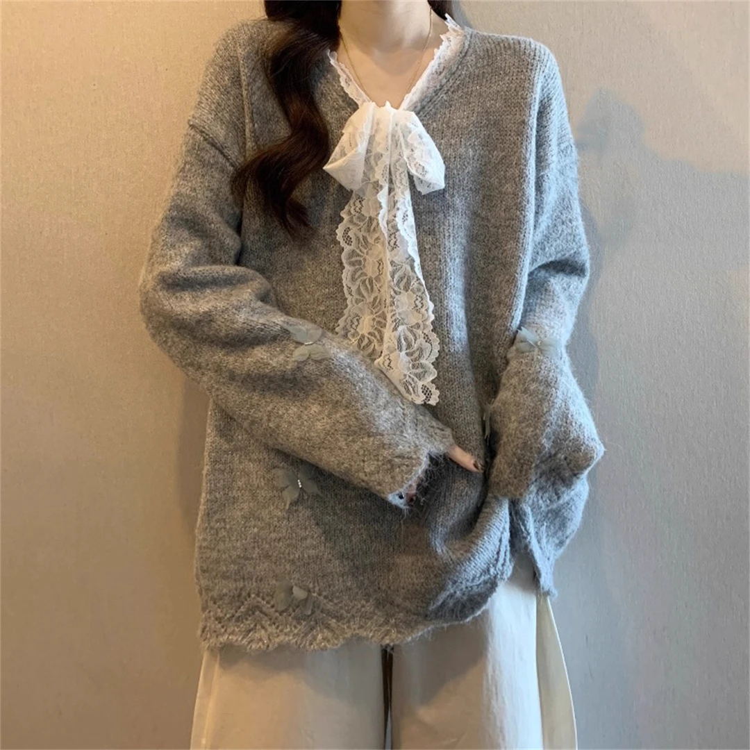 蕾丝蝴蝶结v领正肩毛衣女装秋季大码胖mm遮肉针织衫宽松休闲上衣