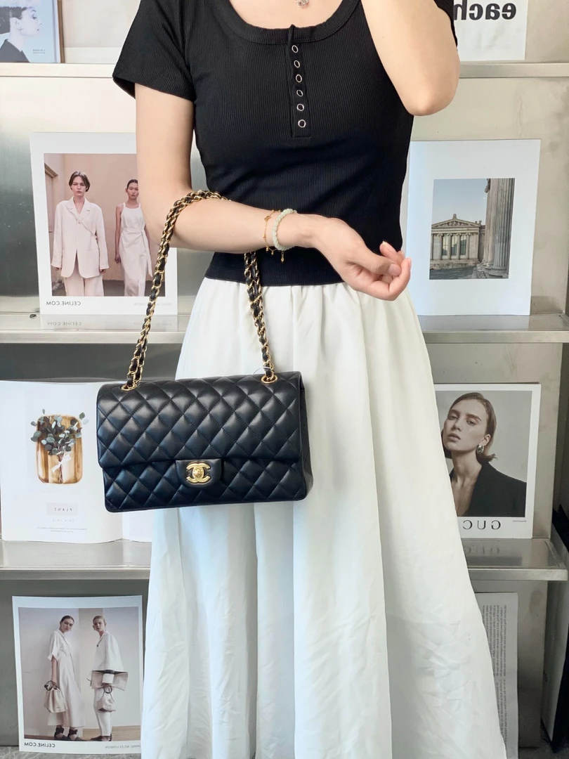 95新 Chanel/香奈儿 cf中号黑金羊单肩包/甄选