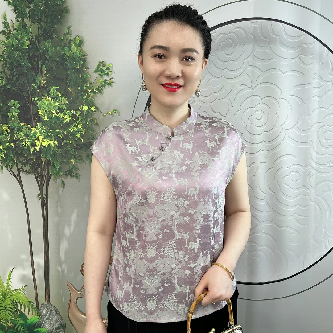栖鹿闻棠  新中式国风时尚百搭改良中老年女装砍袖旗袍衫